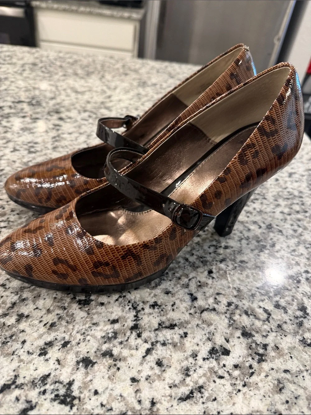 Sofft Brown Leopard Pattern Mary Jane Heels with Black Patent Strap